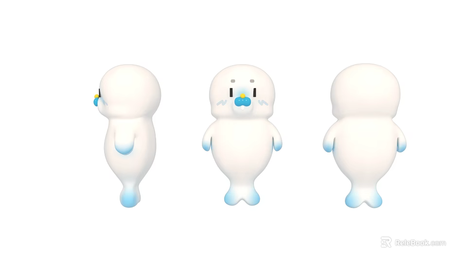 Cute White Cartoon Seal Characters With Blue Paws And Three Different Views 3d model 