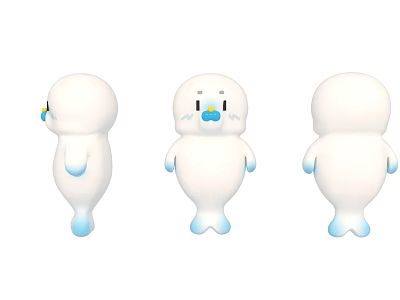 Cute White Cartoon Seal Characters With Blue Paws And Three Different Views 3d model