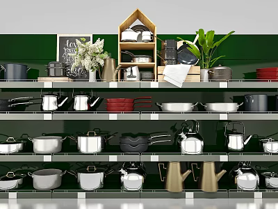 Cookware Display Shelf With Pots Pans Kettles Chalkboard And Green Plant 3d model