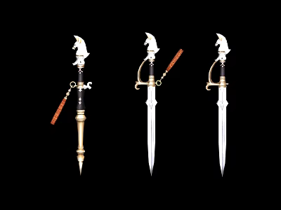 Three Decorative Swords With Eagle Head Handles Black Gold Silver Blades 3d model