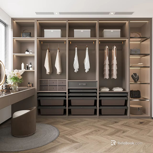 Modern Walk in Closet Interior Design with Hanging Clothes Storage Drawers and Herringbone Floor 3d model 