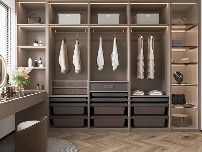 Modern Walk in Closet Interior Design with Hanging Clothes Storage Drawers and Herringbone Floor 3d model