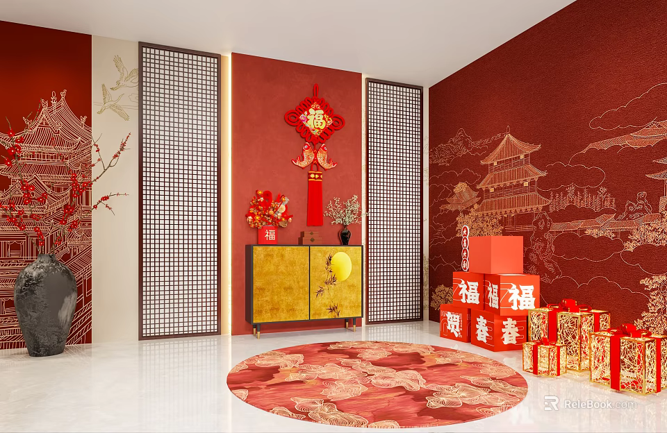 Live Stream Room With Red Theme Chinese Knot Fu Character Golden Cabinet And Traditional Decorations 3d model 