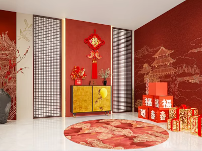 Live Stream Room With Red Theme Chinese Knot Fu Character Golden Cabinet And Traditional Decorations 3d model