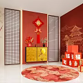 Live Stream Room With Red Theme Chinese Knot Fu Character Golden Cabinet And Traditional Decorations
