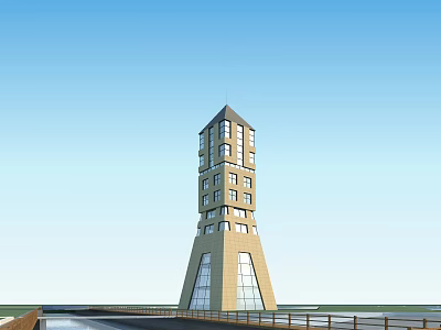 Modern Unique Tower Building With Glass Windows Railing And Blue Sky Background 3d model