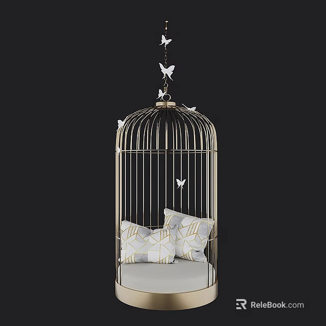 Golden Birdcage Shaped Pendant With Two Geometric Pattern Cushions And Butterfly Decorations 3d model 