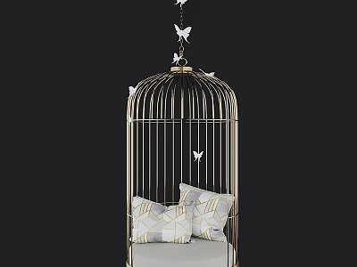 Golden Birdcage Shaped Pendant With Two Geometric Pattern Cushions And Butterfly Decorations 3d model