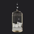 Golden Birdcage Shaped Pendant With Two Geometric Pattern Cushions And Butterfly Decorations