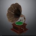 Vintage Copper Phonograph With Green Turntable And Red Carved Wooden Base