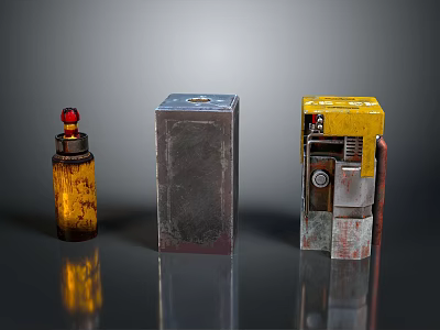 Futuristic Sci Fi Metallic Devices With Vintage Mechanical Components On Reflective Surface 3d model