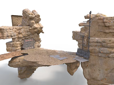 Rough Rock Scenery Construction With Stone Blocks Platform Metal Ladder And Wooden Sign 3d model