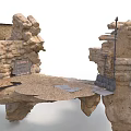 Rough Rock Scenery Construction With Stone Blocks Platform Metal Ladder And Wooden Sign