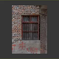 Vintage Casement Window With Red Frame On Exposed Brick Wall Structure 3d model