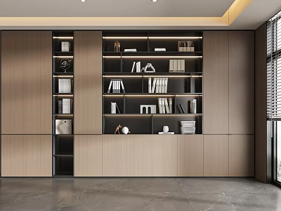 Modern Wooden Bookcase With Dark And Light Tones Storage Shelves And Decorative Items 3d model