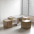 Modern Minimalist Indoor Table With Square Wooden Stools Metal Frame And Bright Window