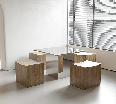 Modern Minimalist Indoor Table With Square Wooden Stools Metal Frame And Bright Window 3d model