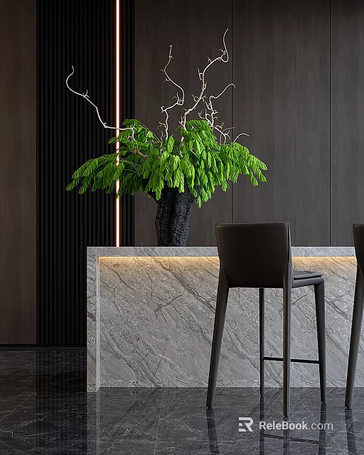 Green Leafy Plant in Modern Black Vase on Marble Countertop with Dark Chairs 3d model 