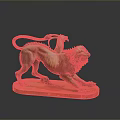 Mythical Bronze Lion Sculpture With Curled Tail And Decorative Details On Orange Base