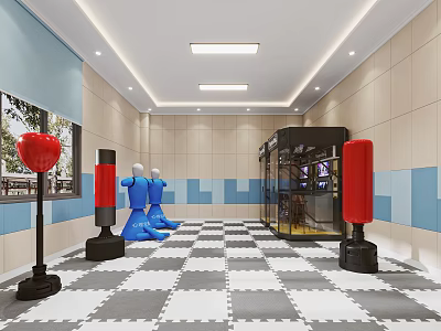 Activity Space With Red Punching Bags Blue Dummies Checkerboard Floor Beige Blue Walls And Glass Equipment 3d model