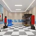 Activity Space With Red Punching Bags Blue Dummies Checkerboard Floor Beige Blue Walls And Glass Equipment
