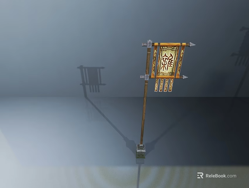 Traditional Scroll Flag with Golden Patterns and Characters on Wooden Stand Gray Background and Shadow 3d model 