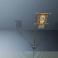 Traditional Scroll Flag with Golden Patterns and Characters on Wooden Stand Gray Background and Shadow