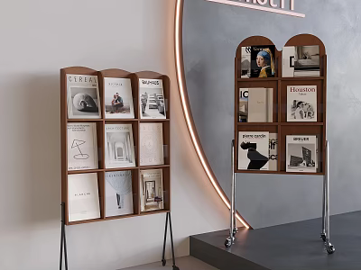 Modern Wooden Bookshelf with Magazines Metal Stands and Lighting on Gray Wall 3d model