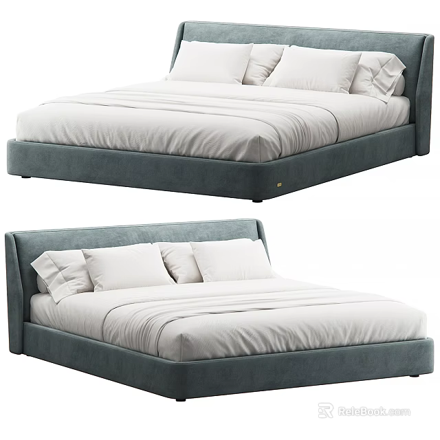 Navy Blue Upholstered Double Bed With White Linens And Pillows 3d model