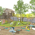 Playground Equipment With Tree House Aerial Walkway Green Trees Wooden Deck And Children Playing