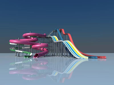 Vibrant Water Park Play Equipment Featuring Pink Spiral Slides And Colorful Wave Slides 3d model