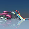 Vibrant Water Park Play Equipment Featuring Pink Spiral Slides And Colorful Wave Slides