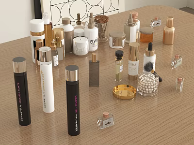 Assorted Perfume And Cosmetic Bottles With Decorative Jars On Table 3d model