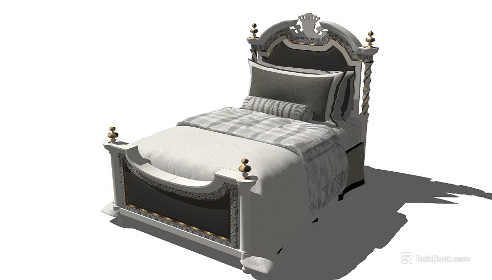 Elegant European Style Single Bed With Carved Headboard Gold Accents And Gray Striped Bedding 3d model 