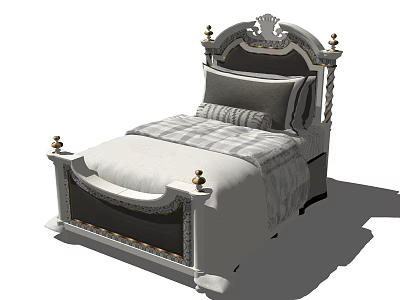 Elegant European Style Single Bed With Carved Headboard Gold Accents And Gray Striped Bedding 3d model