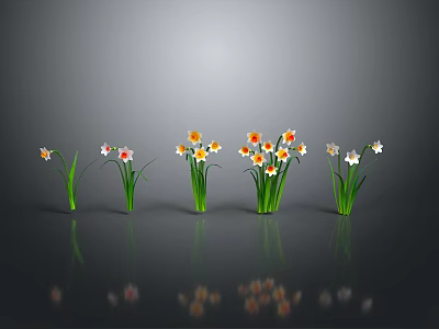 Butterflies On White And Orange Flowers With Green Stems And Reflections 3d model