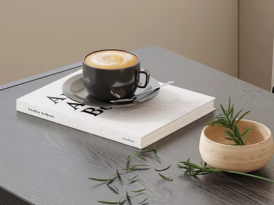 Black Coffee Cup On White Book With Wooden Bowl And Fresh Rosemary On Table 3d model