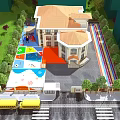 Aerial View Planning of Children's Playground With Colorful Activity Zones Wooden Structures and Green Landscapes