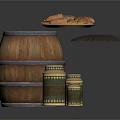 Rustic Wooden Barrel Display With Metal Jars And Fresh Bread Loaves