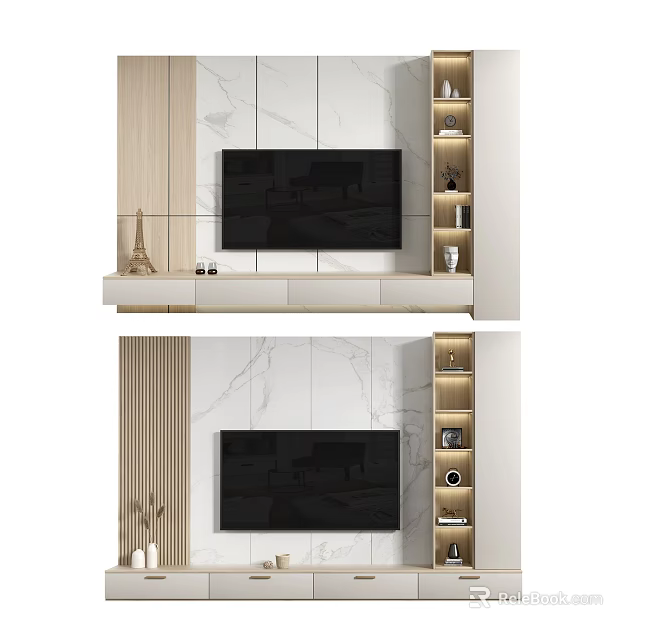 Elegant Modern TV Wall Design With Marble Panels And Floating Shelves 3d model
