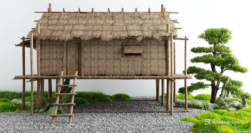 Rustic Stilted Thatched House with Wooden Structure Ladder Green Plants and Gravel Ground Area 3d model 
