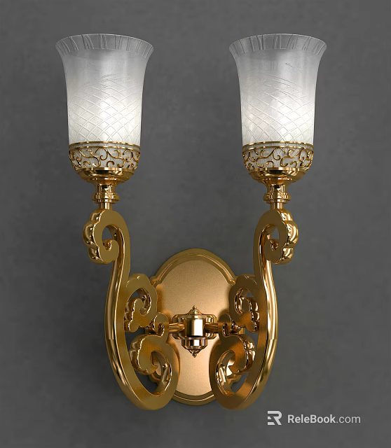 Elegant Golden Wall Sconce With Ornate Carvings And White Glass Shades 3d model 