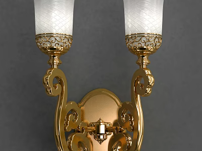 Elegant Golden Wall Sconce With Ornate Carvings And White Glass Shades 3d model