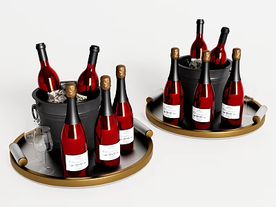 Wine Bottles and Wine Glasses with Ice Buckets and Ice Cubes on Gold Trays 3d model