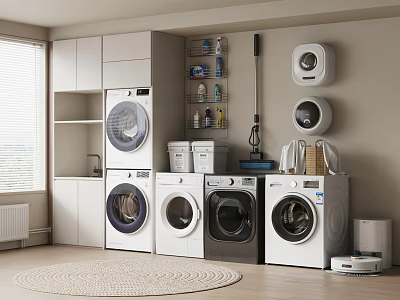 Multiple Front Loading Washing Machines In Modern Laundry Room With Cabinets Shelves And Cleaning Supplies 3d model