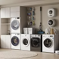 Multiple Front Loading Washing Machines In Modern Laundry Room With Cabinets Shelves And Cleaning Supplies