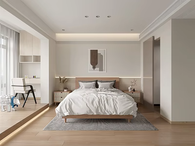 Modern Bedroom Interior With White Bedding Wooden Bed Frame And Wall Art 3d model