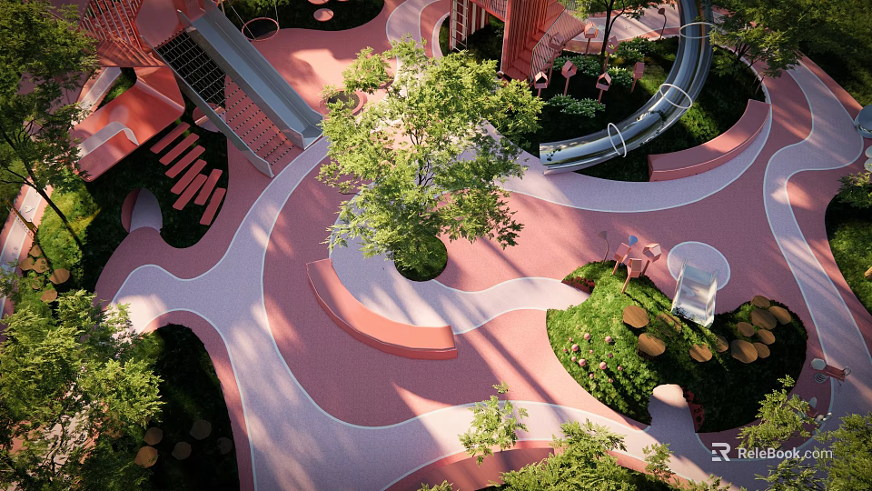 Modern Children's Play Area With Green Trees Slide Colorful Curved Paths And Seats 3d model 