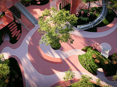 Modern Children's Play Area With Green Trees Slide Colorful Curved Paths And Seats 3d model