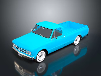 Classic Blue Pickup Truck With White Rims And Reflective Black Background 3d model